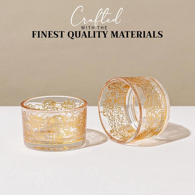SURI Jerusalem Design Glass Shabbat Tea Light Candle Holder Set of 2 – Modern Judaica Home Décor