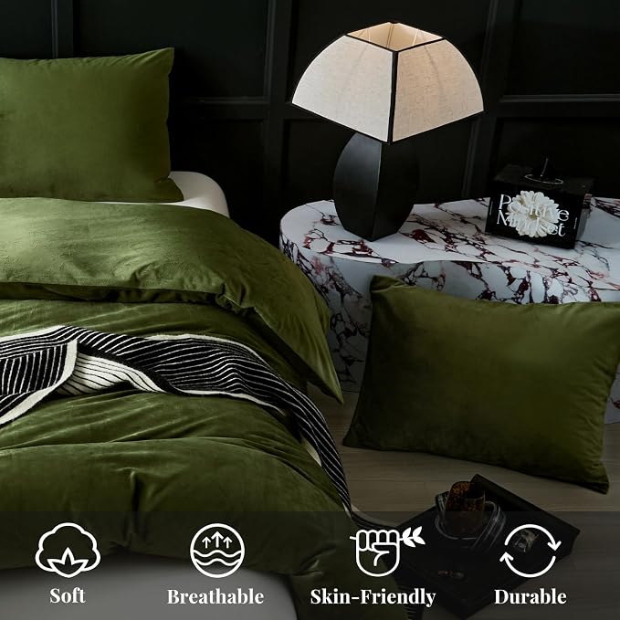 WARMDERN Olive Green Flannel Velvet Duvet Cover Queen Size Duvet Cover Bedding Sets, 3pcs Ultra Soft Luxury Textured Modern Crystal Velvet Duvet Covers with Zipper Closure(Olive Green, Full)