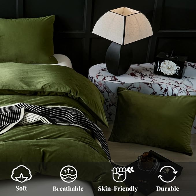 WARMDERN Olive Green Flannel Velvet Duvet Cover Queen Size Duvet Cover Bedding Sets, 3pcs Ultra Soft Luxury Textured Modern Crystal Velvet Duvet Covers with Zipper Closure(Olive Green, Queen)