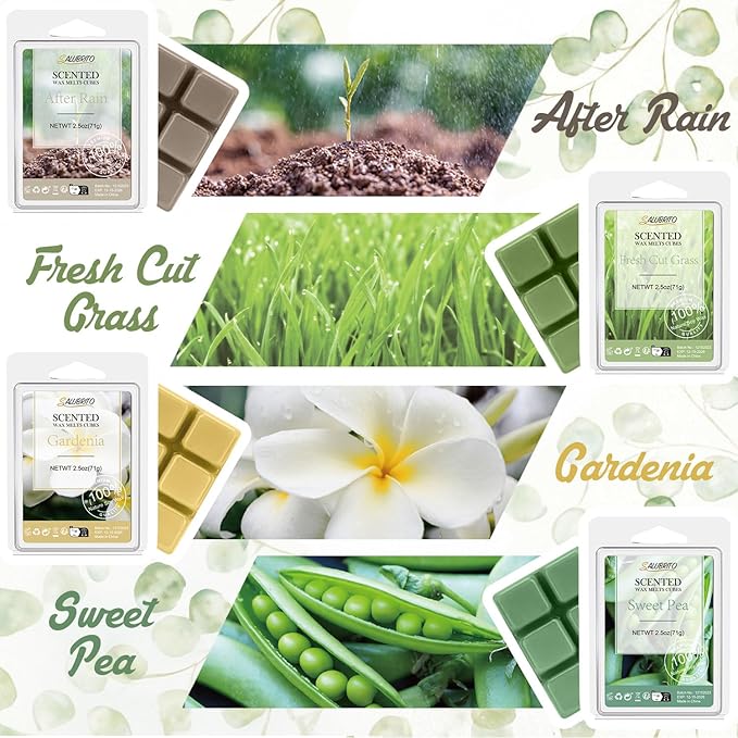 Salubrito Spring Scented Wax Melts, Strong Scented Soy Wax Cubes - Rain, Fresh Cut Grass, Ocean Breeze, Sweet Pea, Rose Geranium, Gardenias, Freesia, Bamboo, Variety Gift Set, 8x2.5oz