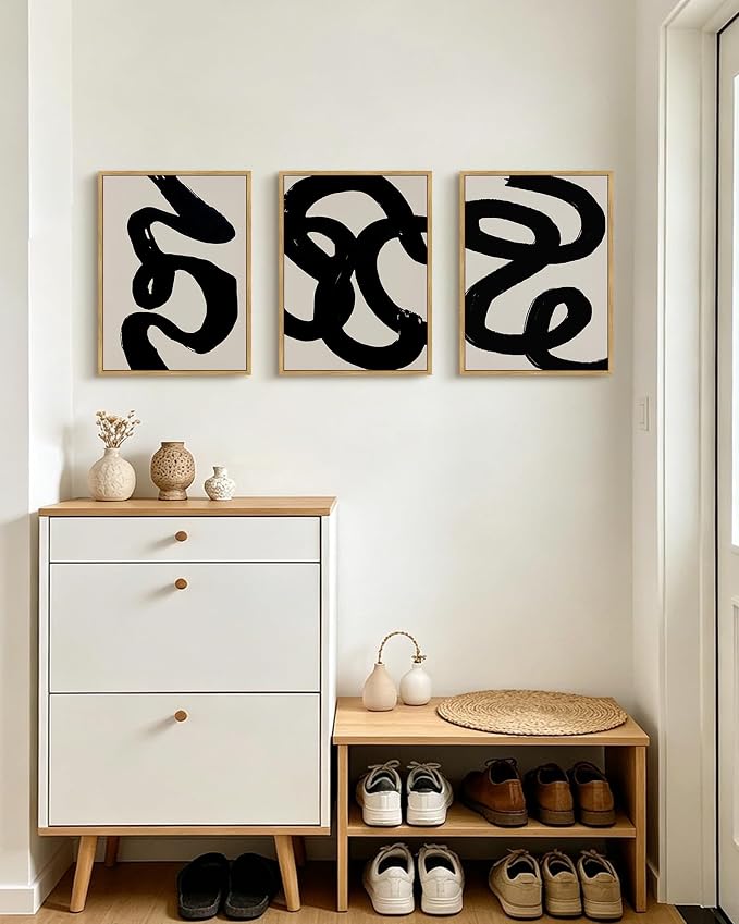 PHOPAGO Black Abstract Modern Framed Wall Art Ink Wash Minimalist Thick Black Lines Paints Artwork Bedroom Living Room Home Decor - 12x16in Natural Framed