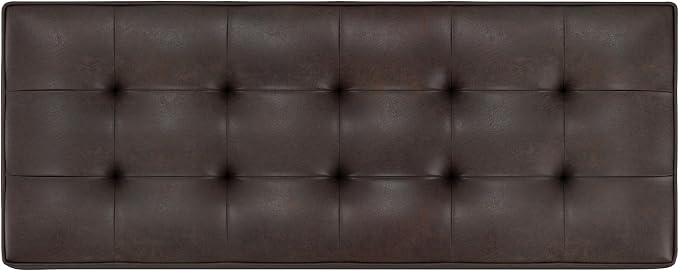 SIMPLIHOME Cosmopolitan Storage Ottoman Bench - 44 inch Wide Upholstered Vegan Leather Rectangle Storage Ottoman in Distressed Brown, Transitional Bench for Bedroom with Tufted Lift-Top and Open Shelf