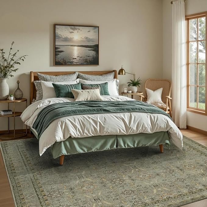 Rugxara 5x7 Area Rugs for Living Room Bedroom, Washable Rug, Vintage Floral Boho Rug, Non Slip & Low Pile Faux Wool Thin Carpet for Indoor Dining Room and Kids Room(Olive Brown 5x7ft)