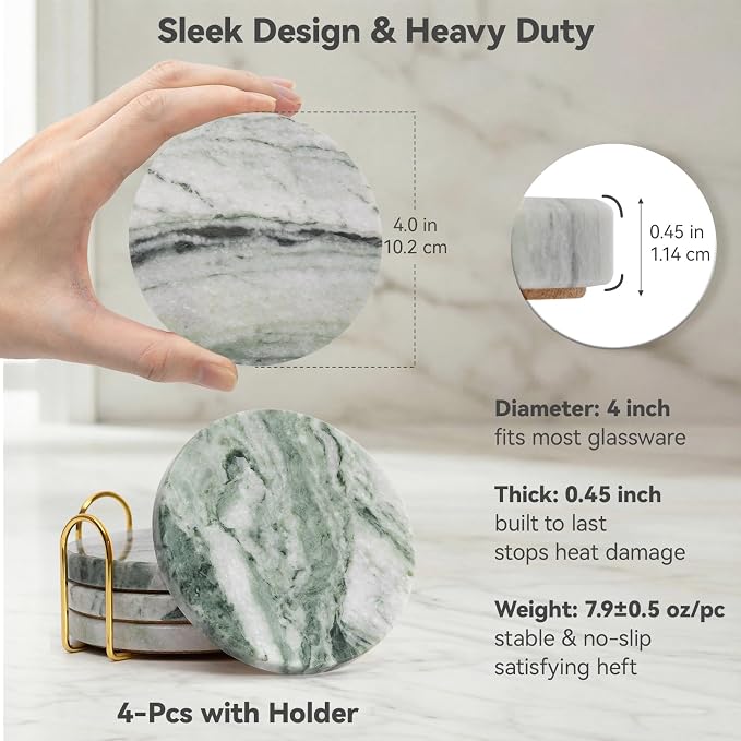 Sage Green Marble Coasters Set of 4 with Holder, Green & White Coaster for Coffee Table, 4" Round Polished Green Stone Coasters with Cloudy Veins – Heat Resistant, Non-Slip, Housewarming Gift
