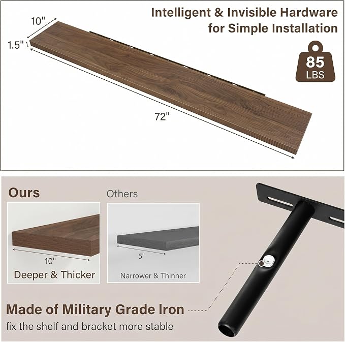 Acovy 10" Extra Deep Floating Shelves for Wall, 72" Long Wood Wall Shelves Set of 2 for Bathroom Bedroom Kitchen Living Room Laundry Room, Modern Floating Shelf for Home Decor