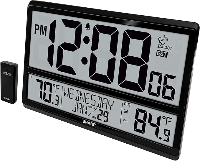Sharp Atomic Clock - Never Needs Setting! –Easy to Read Numbers - Indoor/Outdoor Temperature, Wireless Outdoor Sensor - Battery Powered - Easy Set-Up (4" Numbers)