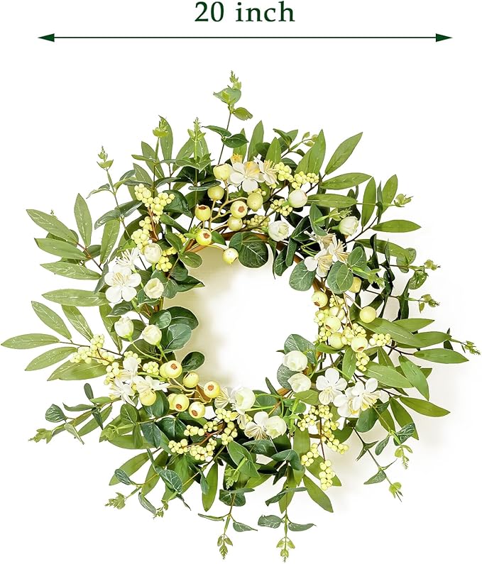 20 Inch Summer Wreaths for Front Door, Spring Summer Eucalyptus Wreath - White Berry Artificial Floral for Front Door, Porch, Home Decor, Farmhouse Wall Window Decorations