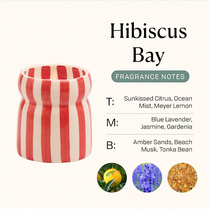 Paddywax Cabana Hand-Painted Scented Candle in Ceramic Reusable Food Safe Jar, Clean-Burn Soy Candle with Approx. 42 Hour Burn Time, Red – Hibiscus Bay, 6.5 oz