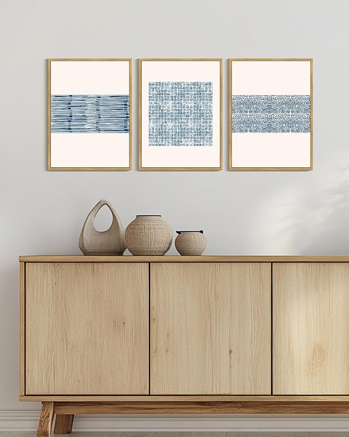 PHOPAGO Blue Abstract Framed Wall Art Modern Boho Neutral Line Wall Decor Bohemain Minimalist Geometric Artwork Home Decor - 12x16in Natural Framed