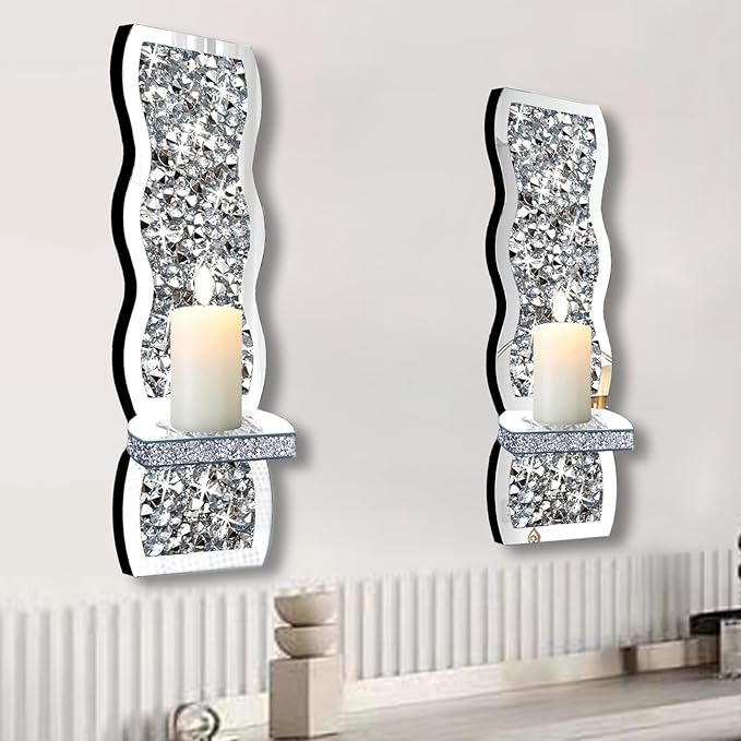 ZOLAPI Set of 2 Crystal Crush Diamond Candle Sconces, Gorgeous Silver Mirrored Wall Sconce, Wave Pattern Irregular Candle Holder Glass Wall Decorations for Home Décor, Living Room, Dining Room.