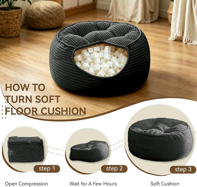 11" Washable Round Floor Pillow for Adults Thick Meditation Cushion for Sitting Large Yoga Pillows on Floor Ottoman to Elevate Leg for Tatami Living Room, 22x22 Inch, Dark Gray