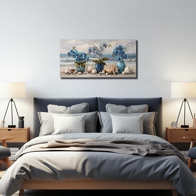 AOZEMI Blue Wall Art Beach Ocean Wall Decor Flower Canvas Art Coastal Seascape Pictures Floral Vase Poster Starfish Conch Shell Print Art for Bedroom Bathroom Living Room Office 20"x 40"