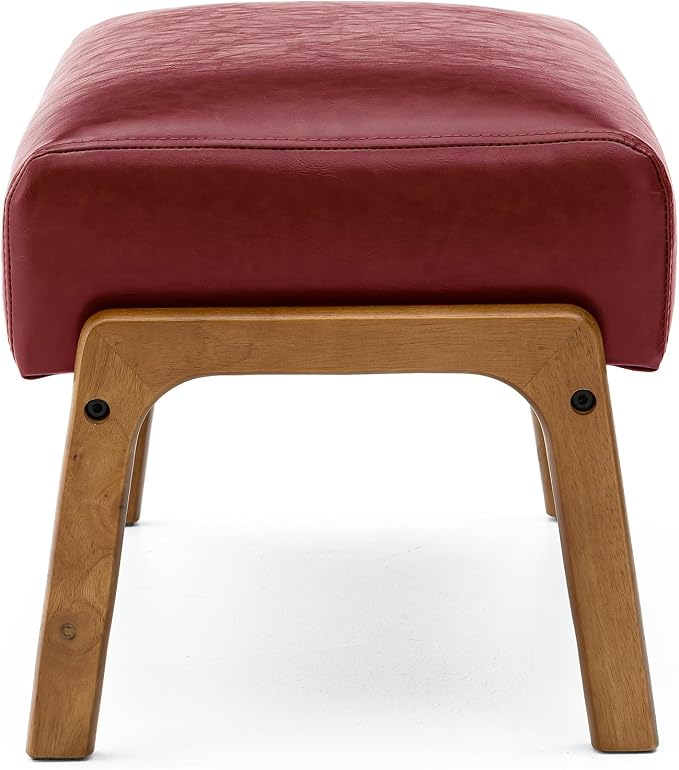 Glitzhome Foot Stool Ottoman, Modern Leatherette Sofa Stool Vanity Chair with Rubber Wood Frame, Footrest Ottoman Bench for Living Room, Entryway, Wine Red