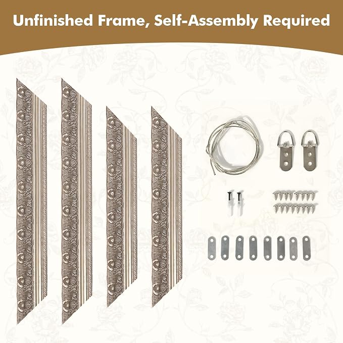 Classical DIY Wood Plein Air Frame for 30x40 Handmade Oil Paintings Vintage Prints, 3.3" Wide Embossed Art Frame for Artists Exhibition Gallery Show Memorial Portrait, No Glass & Back (Silver)