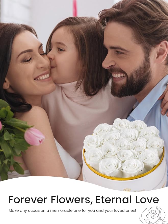 16 Preserved Roses Forever Flowers Real Roses in a Box Mother's Day Birthday Flowers for Her Mom Women Wife Valentine's Day, White Roses