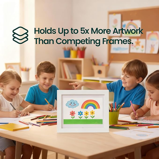 Magnetic Kids Art Frame 8.5x11 – Lift-Top Real Wood Artwork Display & Storage – Strap-Free Changeable Frame Holds 250 Drawings – Freestanding or Wall Mounted - White