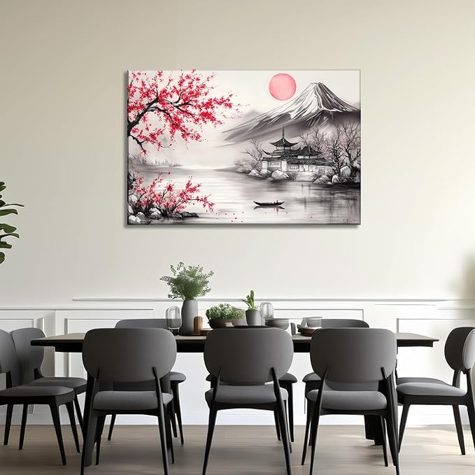 Japanese Wall Art Asian Landscape Watercolor Canvas Prints Red and Black Cherry Blossom Trees Picture Vintage Painting for Living Room Home Office Wall Decor Framed - 20.00x30.00 inch