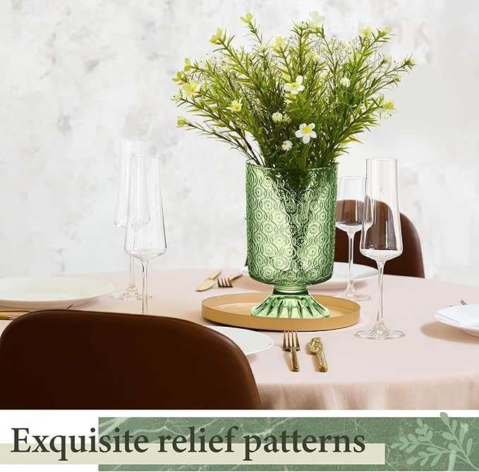 6 Pcs (H: 7" W: 4") Embossed Flower Vase Pedestal Glass Vase Big Base Thickened Crystal Vintage Vases for Wedding Party Home Decor Table Centerpiece House Warming Gifts (Green,Classic)