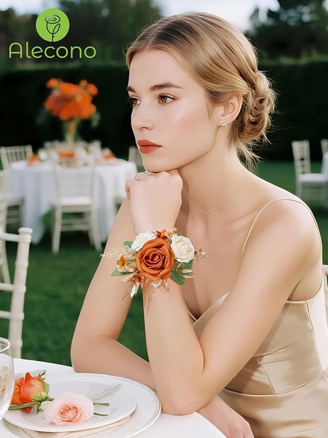 Alecono Orange Corsage and Boutonniere Set, Rose Corsage Wristlet for Women and Boutonniere for Men Wedding Prom Flower Accessories Suit Decorations