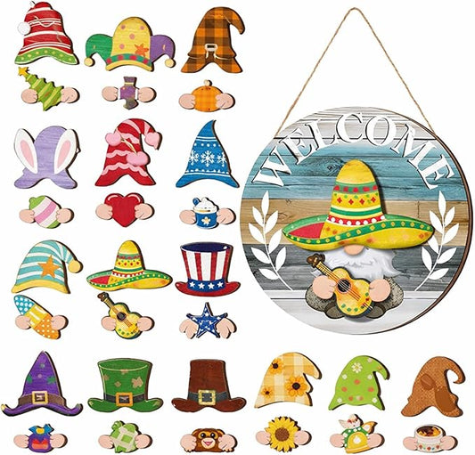 Qunclay Interchangeable Wooden Gnome Decor Holiday Seasonal Gnome Decorations with Magnet Pieces and Detachable Hats Changeable Welcome Sign for Home(Antique Style)