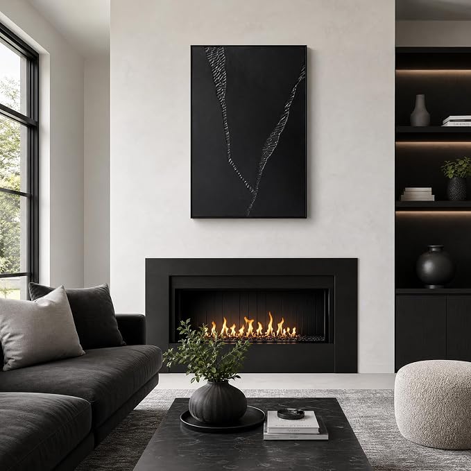 SAFERRYHOME Black 3D Textured Abstract Minimalist Wall Art, 24"x36" Framed | Large Black Modern Framed Wall Decor, Contemporary Painting Artwork for Home Office Living Room Hallway, 24"x36"