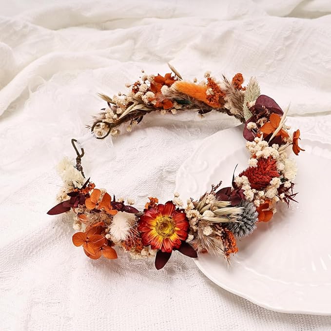 Preserved Natural Dried Flower Crown, Rustic Wedding Wreath Headband, Burnt Orange Terracotta Cream Floral Hair Garland for Brides, Bridesmaids, Flower Girls