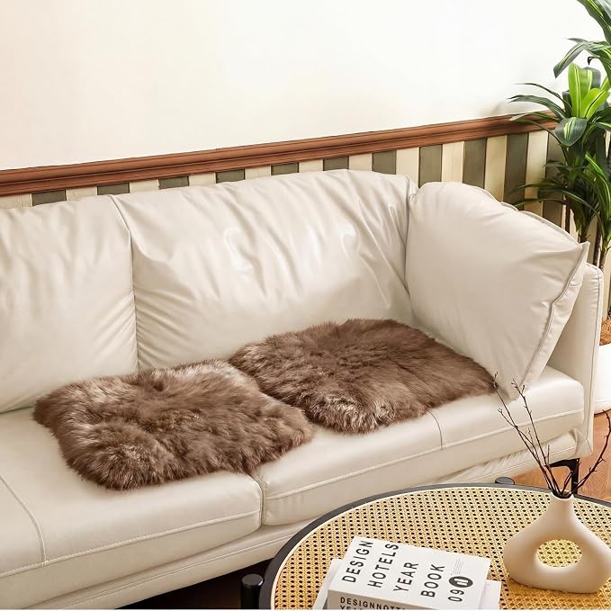 Drydiet 2 Pcs Natural Sheepskin for Bed Sores and Skin Imitation Wool Medical Sheepskins with Non-Slip Back for Pain Relief and Discomfort, Wool Seat Pad, 17 in x 17 in (Square,Coffee Color)