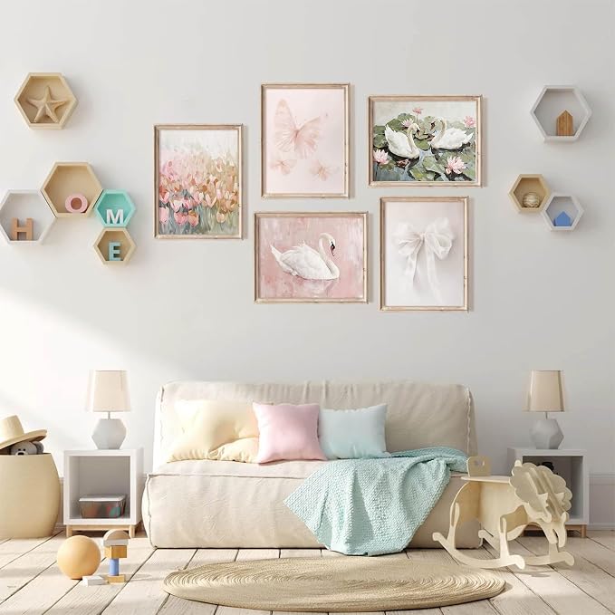 Coquette Pink Wall Art Decor Aesthetic Swan Posters Bow Flower Canvas Wall Art Preppy Cute Pictures Trendy Butterfly Posters Coquette Aesthetic Prints for Girl Dorm Room Bedroom 12x16x5 Inch Unframed