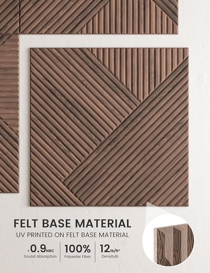 Fluxynara Large Felt Bulletin Board,Cork Board Alternative 70.87'' x 47.24'' Art Acoustical Wall Panels-6 Pack with 60 Adhesive Tabs,for Recording Studio/Home Offices-Walnut/Diamond Chevron