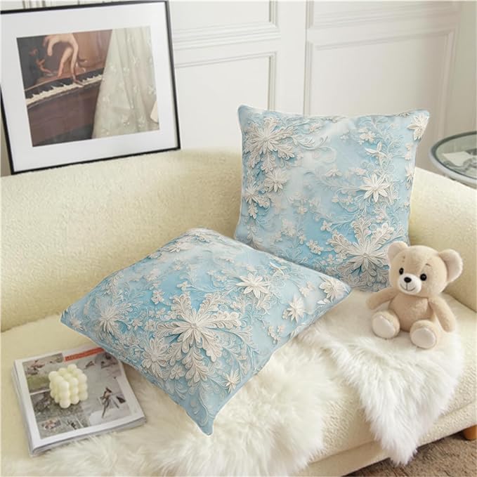 Blue Snowflakes Pillow Covers Winter Throw Pillow Covers 16x16 Set of 2 Snow Flower Pillowcase Floral Double Sided Printing Cushion Case for Living Room Bedroom Couch Sofa