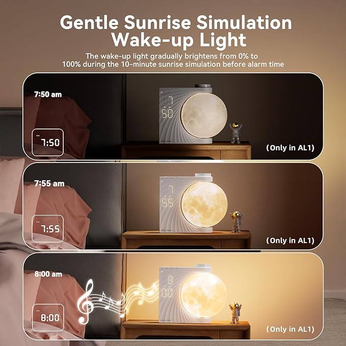 Sunrise Alarm Clocks for Heavy Sleepers,Night Lamp Clocks for Bedrooms with Moon Light,10 Light Effects,30/60/90 Timer,10 Sleep Nature Sounds,15 Ringtones,12 Volume Control with Snooze Function