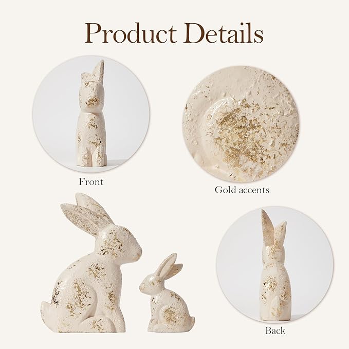 DN DECONATION Easter Decorations White & Gold Bunny Decor Rabbit Figurines, Wabi Sabi Easter Bunny Statue Set of 2 for Spring Tabletop Home Decor Farmhouse Shelf Mantel, Pressed Wood Sculpture
