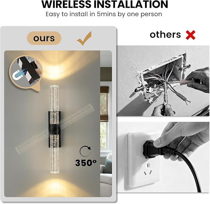 Battery Operated Wall Sconces Set of Two - Wireless Black Sconces with Remote 12000mAh Rechargeable Modern Crystal Wall Lights Cordless Wall Lamps for Bedroom Living Room Bathroom