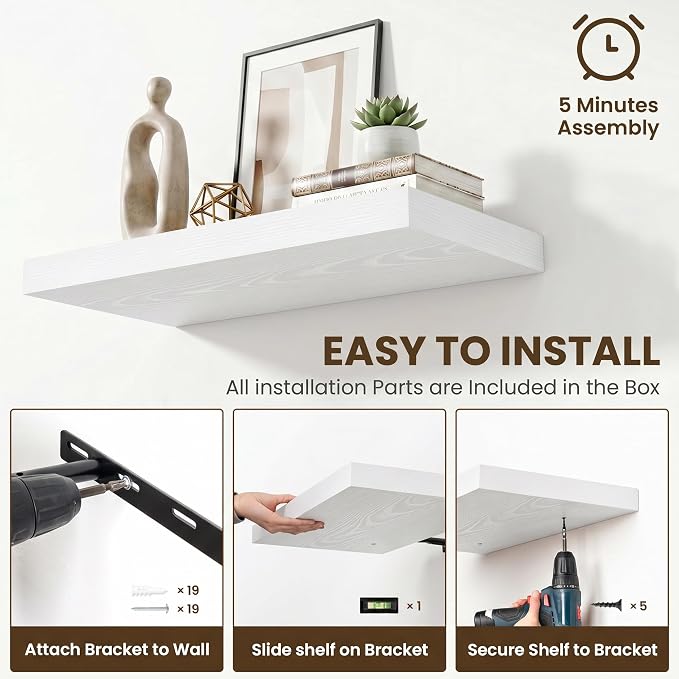 55 Inch Floating Shelves for Wall,12 Inch Deep Wall Shelves for Bathroom,Living Room,Bedroom,Kitchen,Decor,Floating Shelf with Invisible Heavy Duty Metal Bracket,Deep Long Shelf Wall Mounted,White