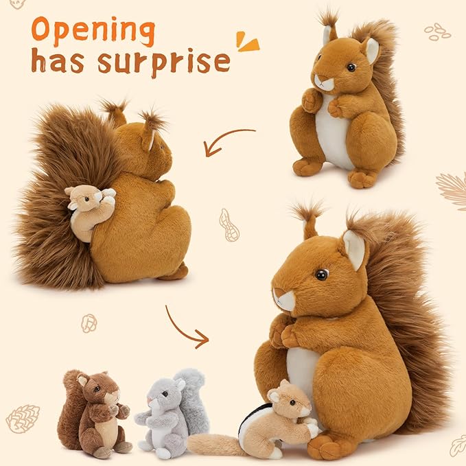 MaoGoLan 4Pcs Squirrels Plush Toys with 3 Baby Squirrels, Realistic Stuffed Animals for Small Hand, Adorable Squirrel Plushie Gift for Forest Animal Lover,Girls,Boys,Kids,Baby Shower,Brown
