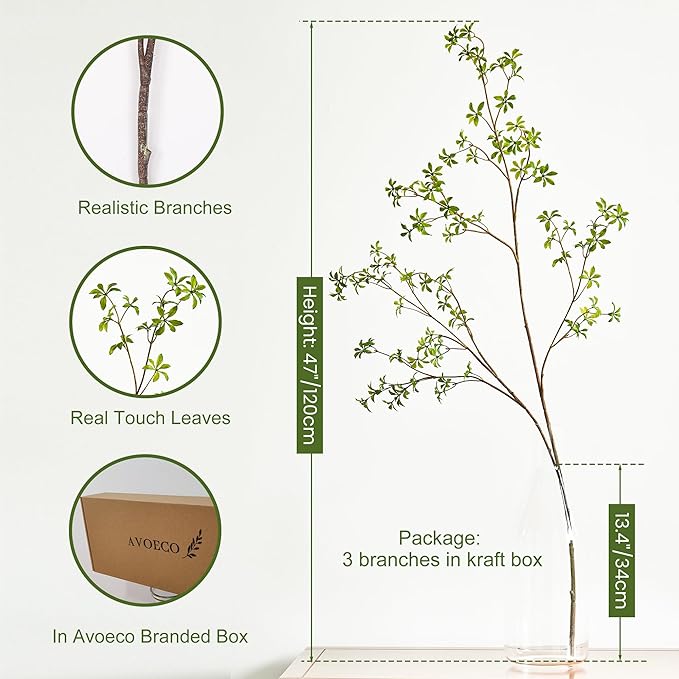 Avoeco Artificial Greenery Stems, 47”Tall Fake Plants Branches, Real Touch Faux Enkianthus Perulatus Twig Leaf for Home Garden Office Wedding Vase Filler Shop Decoration (3 Packs-Green)