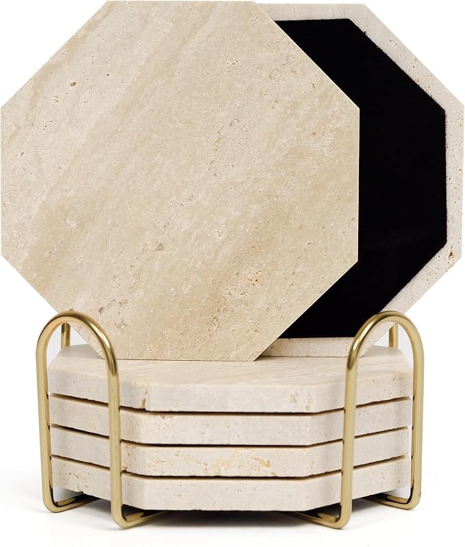 Octagonal Travertine Coasters Set of 6 with Holder, Farmhouse Rustic Neutral Stone Coaster for Home Table Decor, Porous Natural Travertine Absorbent Drink Coasters, Velvet Backed