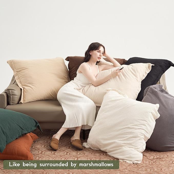 COCO TOP Set of 3 Oversized Throw Pillow Cover 28x28inch,Super Soft Striped Corduroy Neutral Earth Tones Pillow Cases for Bedroom,Living Room, Sofa Lounges,Girl Room（Camel, Beige & Pure White）