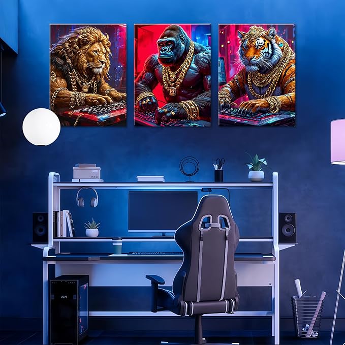 Animal & Tech-Inspired Wall Art Prints-Vibrant Tiger,lions Gorilla & Game Design Poster,Cyberpunk neon Electronic Game Style Painting Canvas Picture,for Boy Teen Men Bedroom Playroom, Framed 12X16inX3