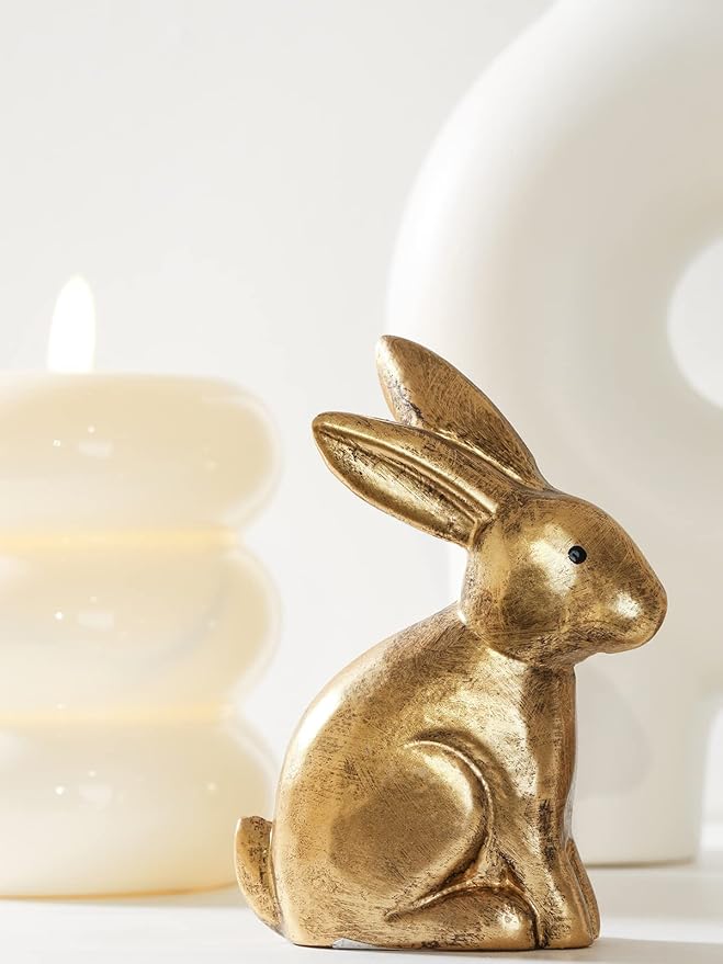 DN DECONATION Golden Bunny Figurines, Wooden Bunny Decor, Small Easter Rabbit Statue Set of 2, Vintage Easter Decorations, Bunny Decorations for Home, Spring Decor, Gift