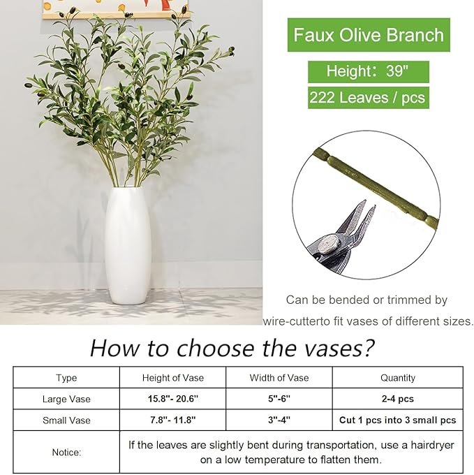 Heleze 39 Inch Artificial Olive Branches for Vases, Fake Plants Greenery Stems with 222 Leaves Faux Olive Tree Branches Home Decor Indoor 4PCS