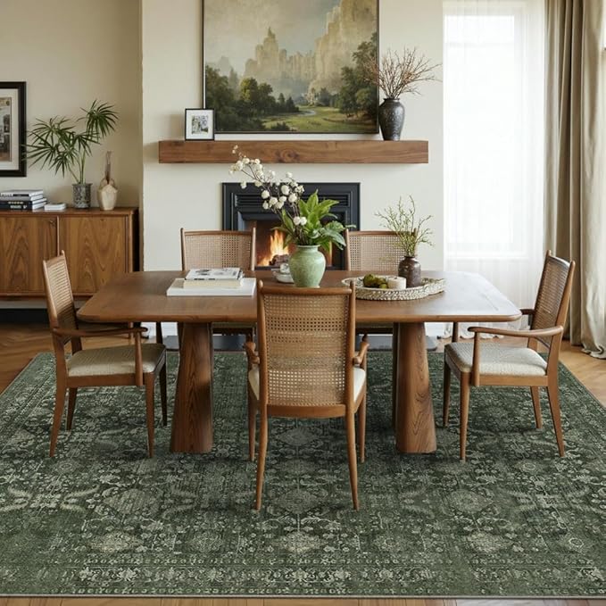 Rugxara 5x7 Area Rugs for Living Room Bedroom, Washable Rug, Green Vintage Floral Boho Rug, Non Slip & Low Pile Faux Wool Thin Carpet for Indoor Dining Room and Kids Room(Green 5x7ft)