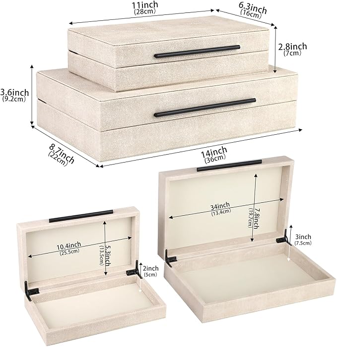 HofferRuffer Faux Leather Decorative Boxes Set of 2, Large Nesting Keepsake Box Accessory Organizer Jewelry Organizer with Hinged Lid, Stacking Storage Box Container (Light Grey+Black Handles)