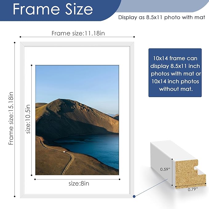 PEALSN 10x14 Picture Frame Set of 6, Display Pictures 8.5x11 with Mat or 10x14 without Mat for Wall Mounting or Table Top Display, Photo Frames Collage for Wall Decor, White.