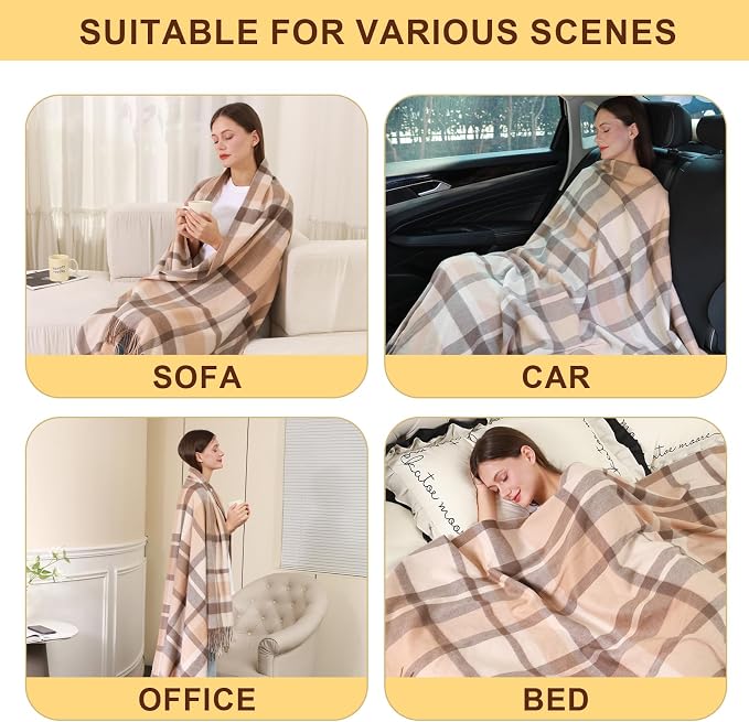 Pure Wool Blanket - Soft Lightweight Breathable Blanket Large 55x83 inches, 1.5 lbs, Wool Fringed Knee Throw Blanket for Couch Bed Outdoor Travel,Tartan-Camel/Cream