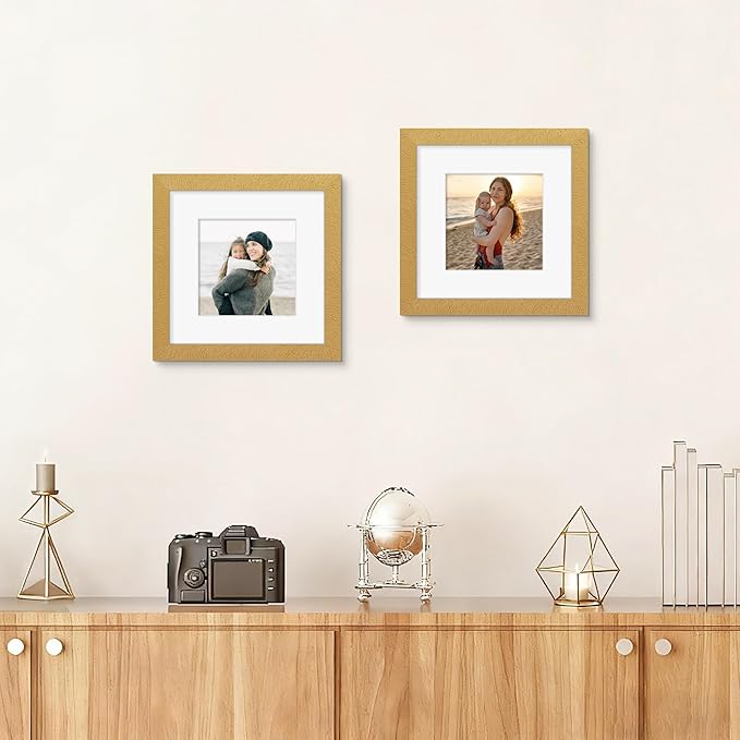 Picrit 8x8 Picture Frame Set of 12, Display 5x5 with Mat or 8 x 8 Without Mat, Photo Frames for Wall Mounting or Table Top Display, Gold
