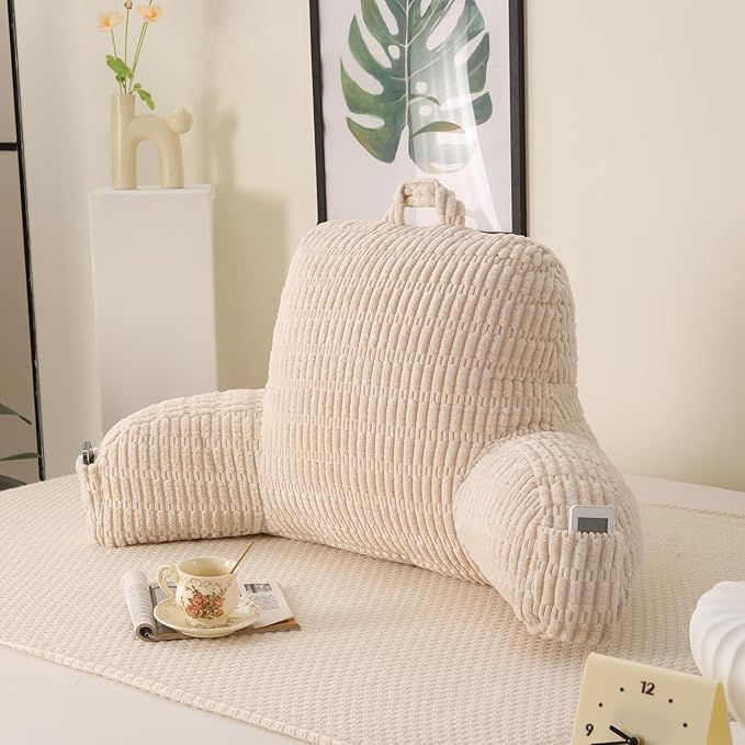 Reading Pillow for Sitting in Bed with Arm,White Corduroy, M | Sitting Pillow for Teens Back Support,17" Backrest Pillow Supports Reading,Gaming & Relaxing in Bed,Couch,Floor