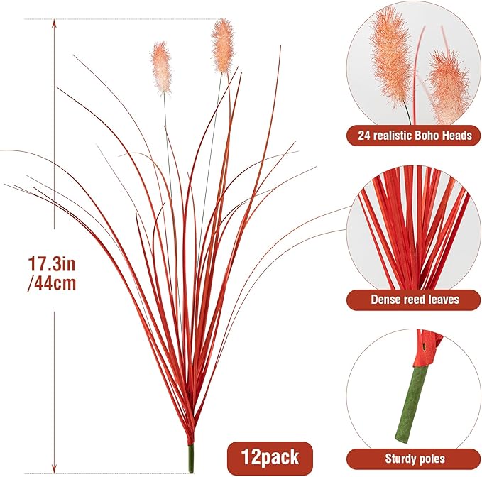 Ttranewsoo Fake Grass Fall Flowers Artificial Shrubs Artificial Grass Wheatgrass Cattails Fake Grass Decorations Artificial Plants Ornamental Grass Outdoor Grass Green Leafy Decorations (12PCS)Orange