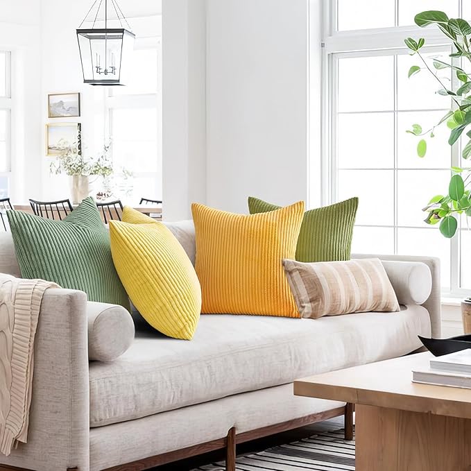 Topfinel Summer Throw Pillows Covers 16x16 Inch Set of 4,Yellow Sage Green Colorful Decorative Vanilla Girl Room Decor Cushion Cases,Couch Sofa Living Room Striped Corduroy Modern Home Decor