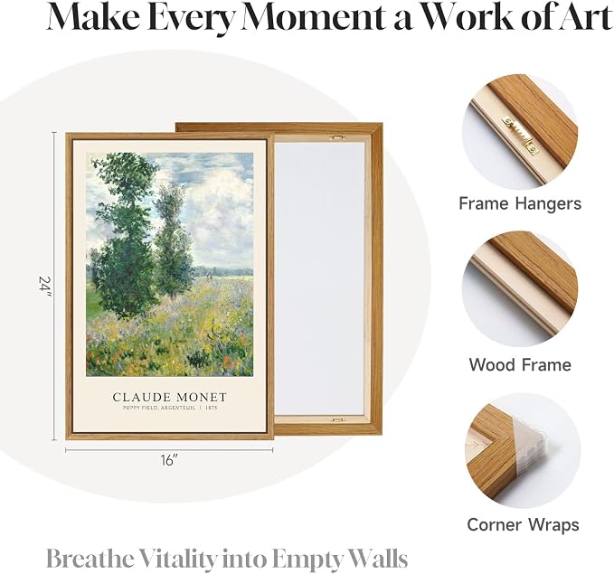 3 Piece Framed Monet Landscape Wall Art for Living Room, Vintage Impressionist Nature Canvas Prints Painting, Classic Tree Picture Artwork Decor for Bedroom Hallway 16x24 Inch